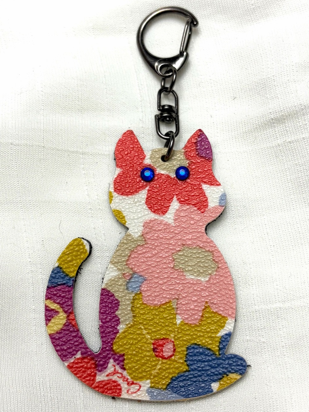 Upcycled COACH Multicolor Floral Cat Key & Card Holder Charm